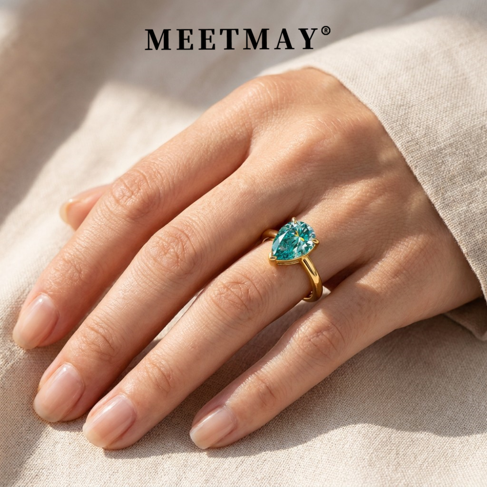 MEETMAY | Colorful Pear-Cut Moissanite Adjustable Ring – S925 Sterling Silver 18K Gold Plated, GRA Certified
