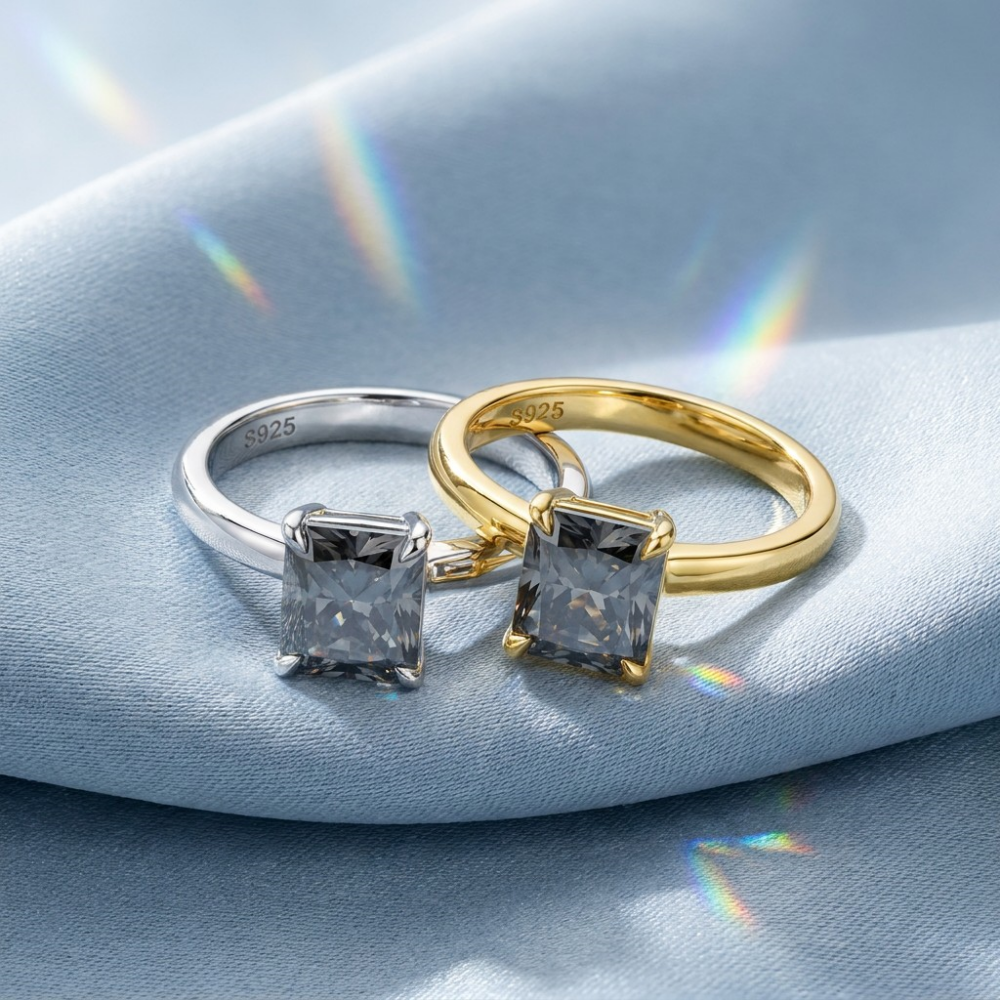 MEETMAY | Colorful Radiant-Cut Moissanite Adjustable Ring – S925 Sterling Silver 18K Gold Plated, GRA Certified