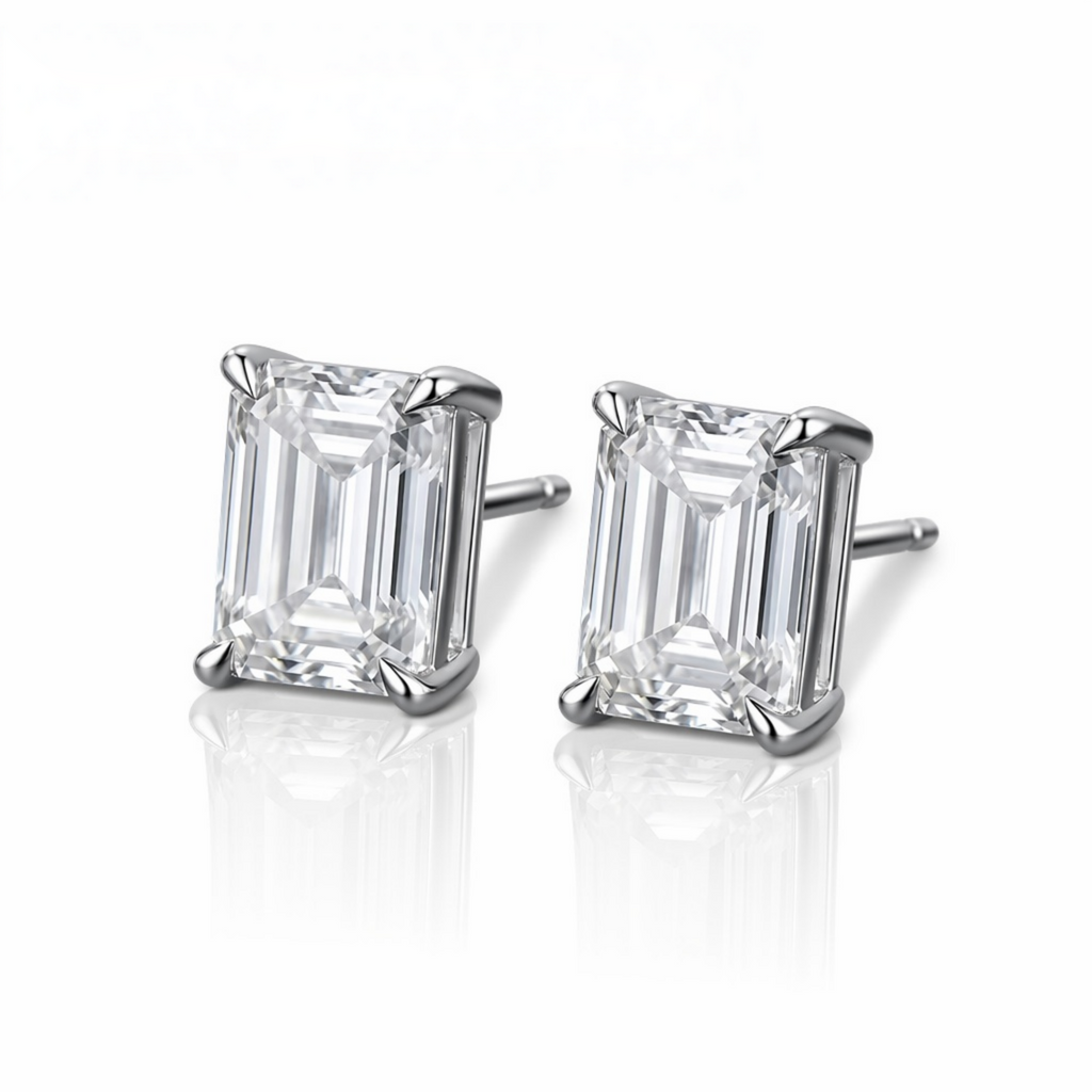 MEETMAY | Emerald-Cut Moissanite Stud Earrings – S925 Sterling Silver, GRA Certified