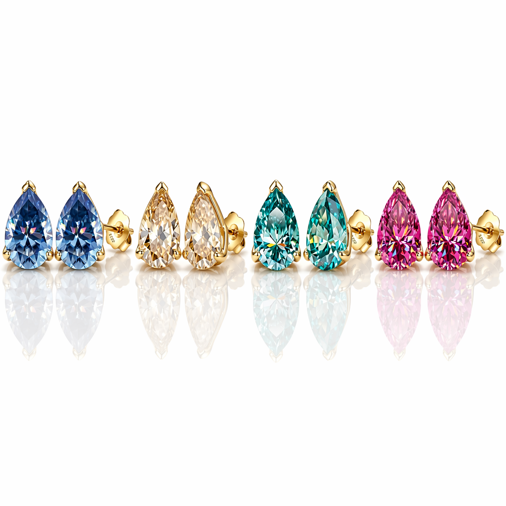 MEETMAY | Colorful Pear-Cut Moissanite Stud Earrings – S925 Sterling Silver 18K Gold Plated, GRA Certified