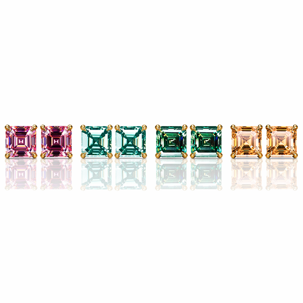 MEETMAY | Colorful Asscher-Cut Moissanite Stud Earrings – S925 Sterling Silver 18K Gold Plated, GRA Certified
