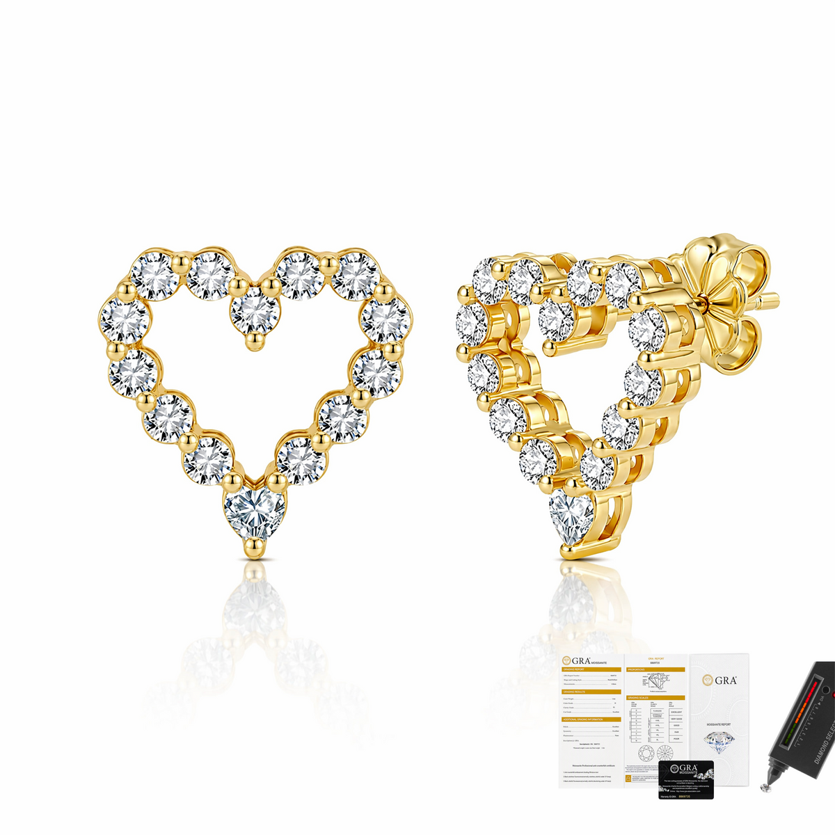 MEETMAY | Heart-Cut Moissanite Stud Earrings – S925 Sterling Silver 14K Gold Plated, D-Color