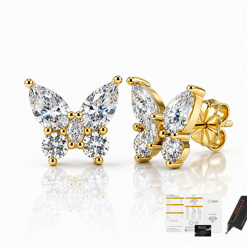 MEETMAY | Butterfly-Cut Moissanite Stud Earrings – S925 Sterling Silver 14K Gold Plated, D-Color