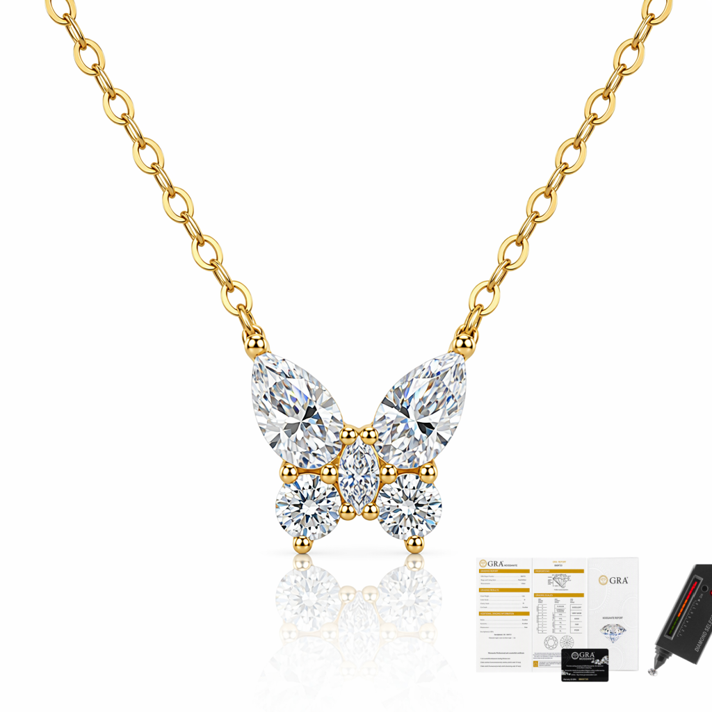 MEETMAY | Butterfly-Cut Moissanite Pendant Necklace – S925 Sterling Silver 14K Gold Plated, D-Color