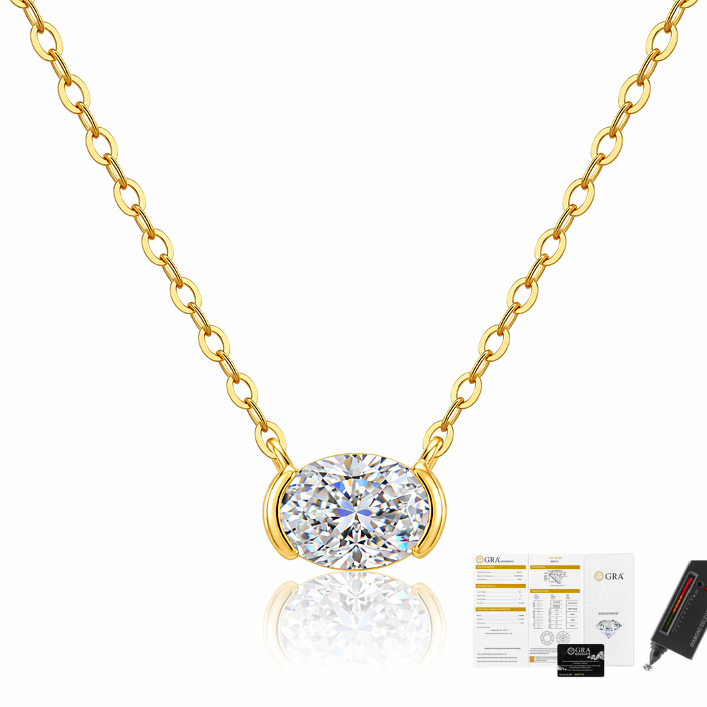 MEETMAY | Oval-Cut Moissanite Pendant Necklace – S925 Sterling Silver 14K Gold Plated, D-Color, 1.0ct