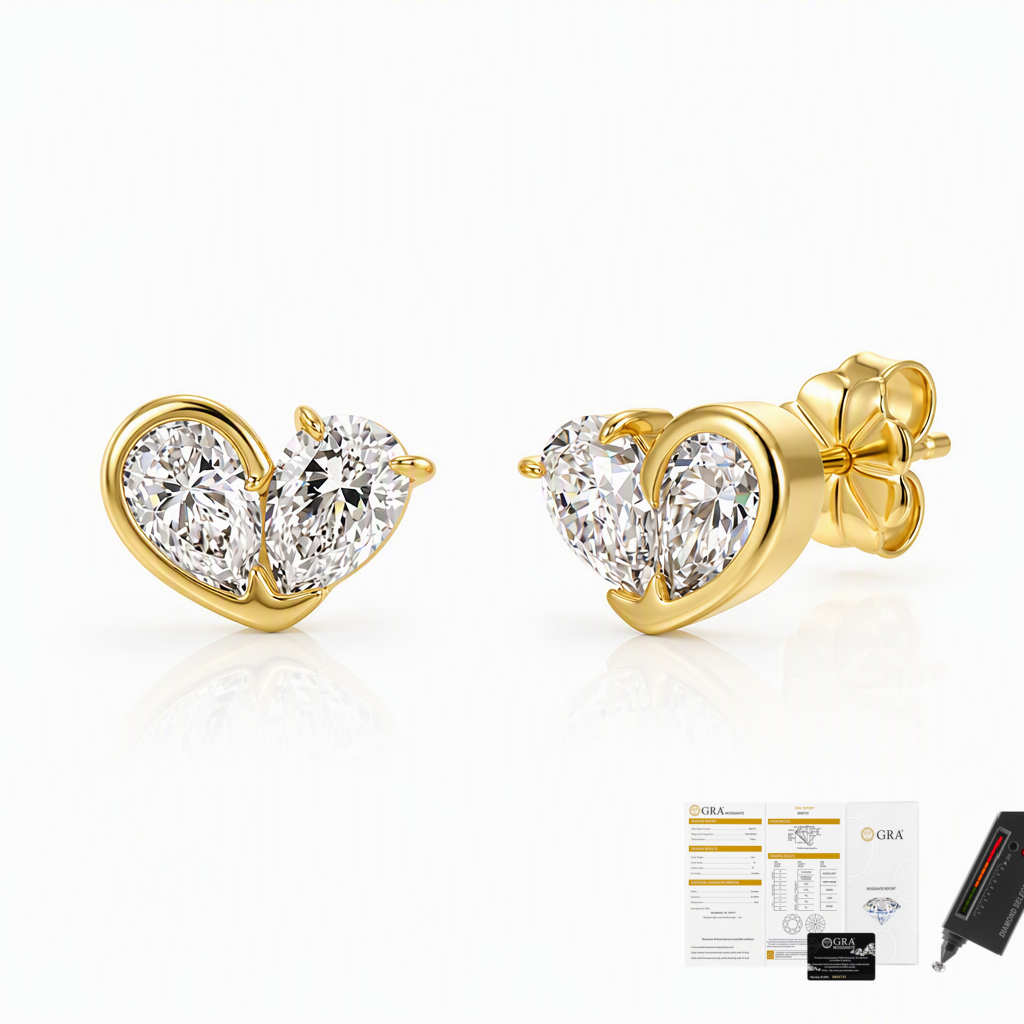 MEETMAY | Double Pear-Cut Moissanite Stud Earrings – S925 Sterling Silver 14K Gold Plated, D-Color