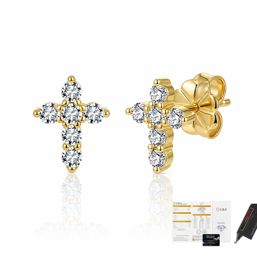 MEETMAY | Cross-Cut Moissanite Stud Earrings – S925 Sterling Silver 14K Gold Plated, D-Color
