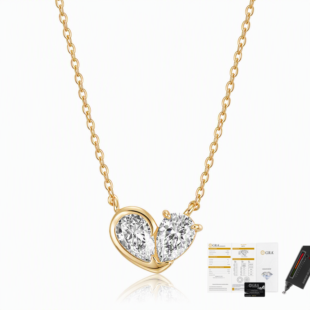 MEETMAY | Double Pear-Cut Moissanite Pendant Necklace – S925 Sterling Silver 14K Gold Plated, D-Color