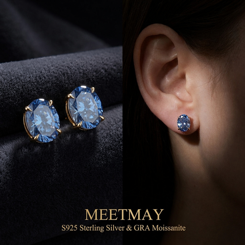 MEETMAY | Colorful Oval-Cut Moissanite Stud Earrings – S925 Sterling Silver 18K Gold Plated, GRA Certified
