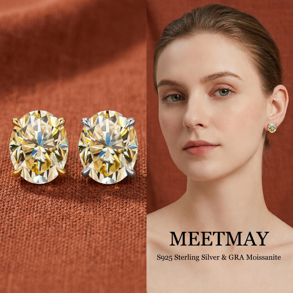 MEETMAY | Colorful Oval-Cut Moissanite Stud Earrings – S925 Sterling Silver 18K Gold Plated, GRA Certified