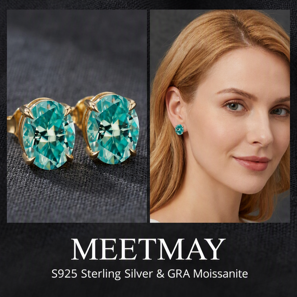 MEETMAY | Colorful Oval-Cut Moissanite Stud Earrings – S925 Sterling Silver 18K Gold Plated, GRA Certified