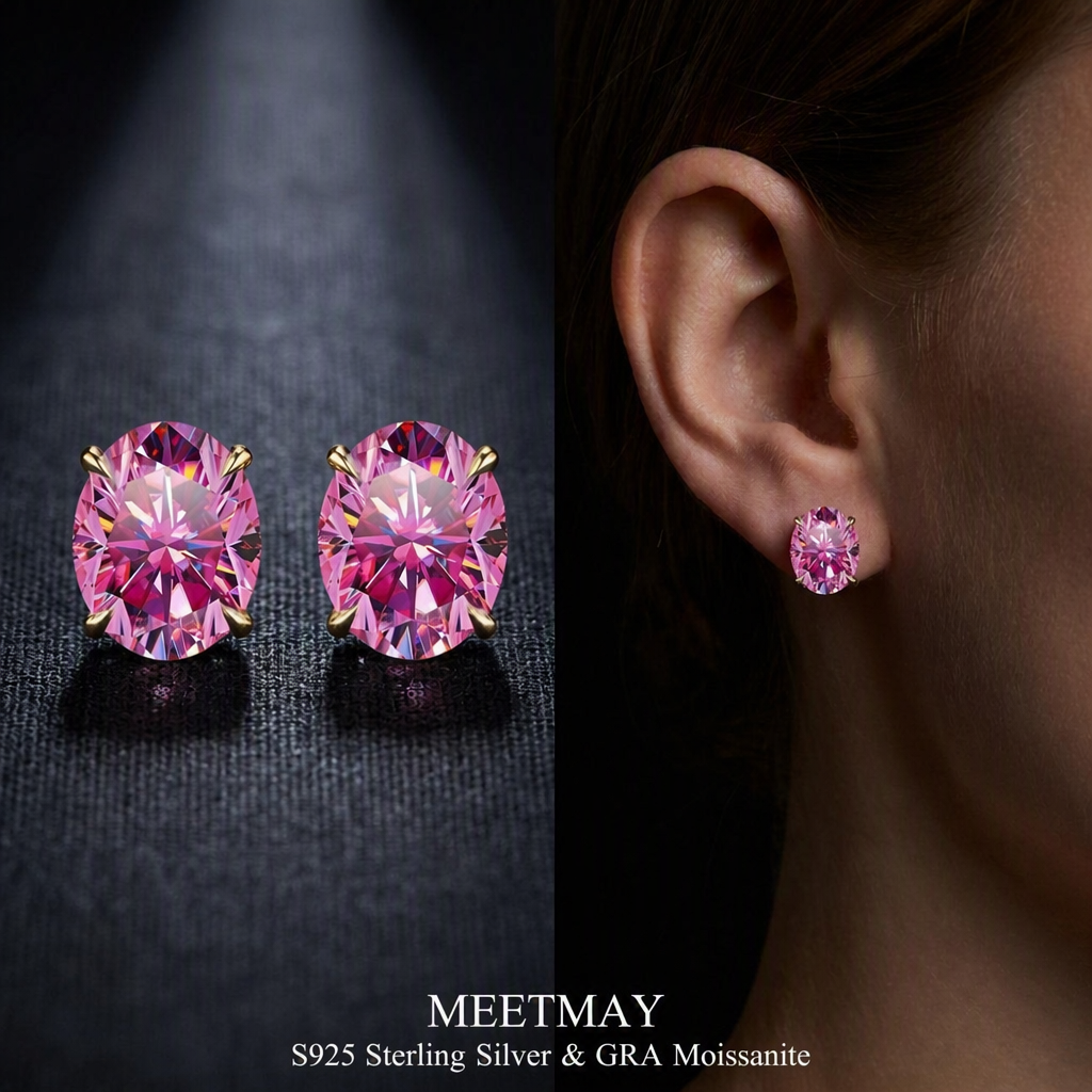 MEETMAY | Colorful Oval-Cut Moissanite Stud Earrings – S925 Sterling Silver 18K Gold Plated, GRA Certified