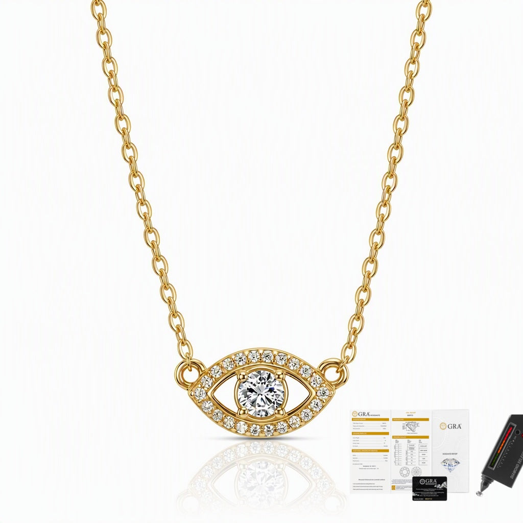 MEETMAY | Evil Eye Moissanite Pendant Necklace – S925 Sterling Silver 14K Gold Plated, D-Color