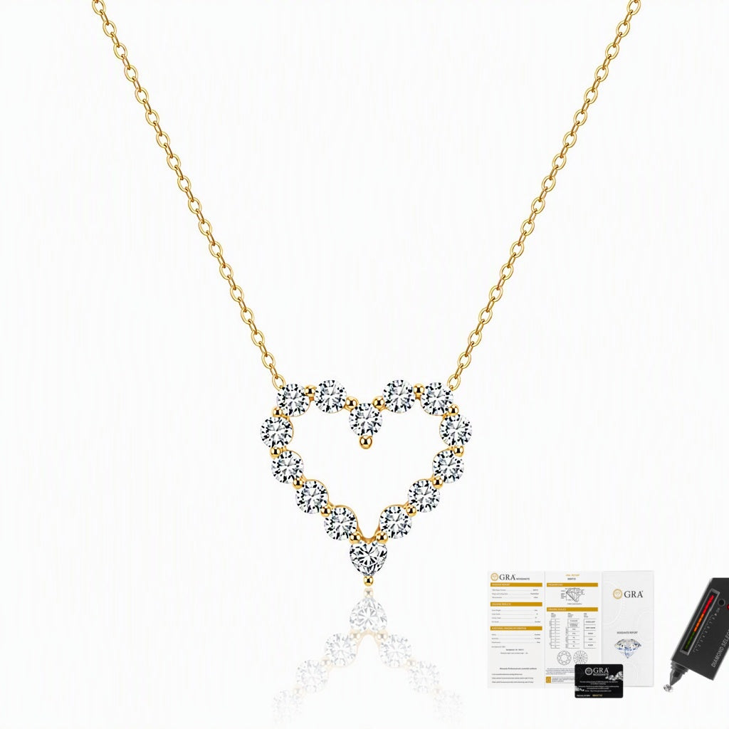 MEETMAY | Heart-Cut Moissanite Pendant Necklace – S925 Sterling Silver 14K Gold Plated, D-Color