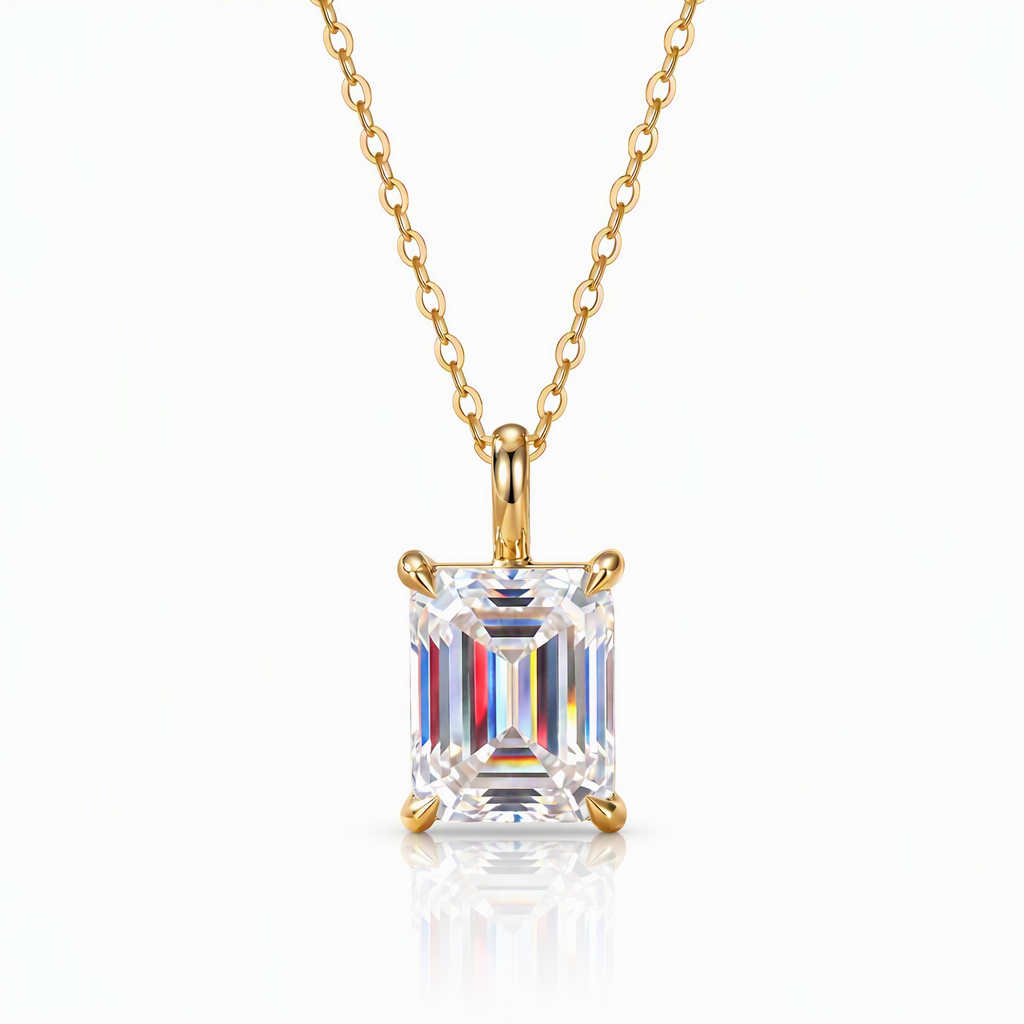 MEETMAY | Emerald-Cut Moissanite Pendant Necklace – S925 Sterling Silver 18K Gold Plated, D-Color