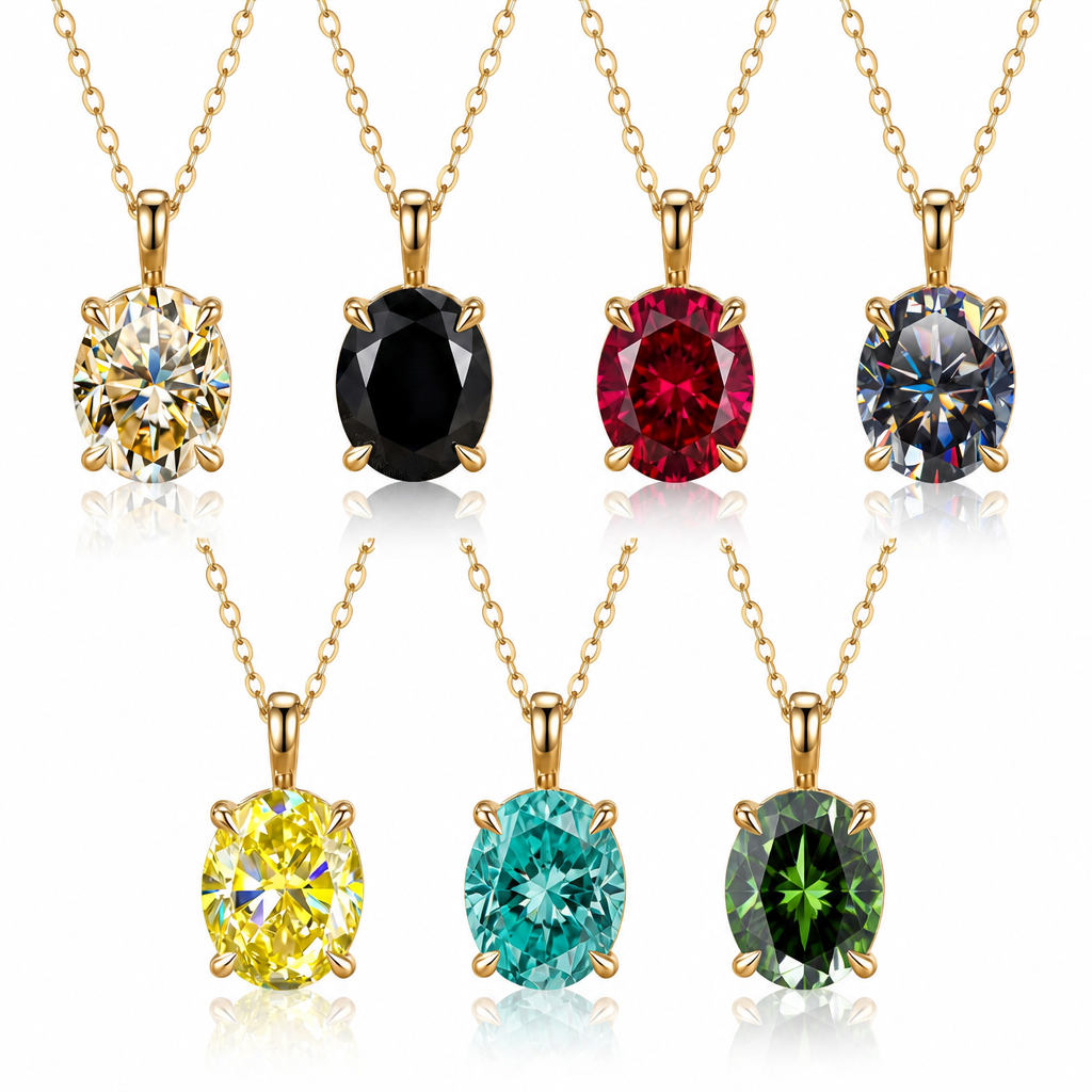 MEETMAY | Colorful Oval-Cut Moissanite Pendant Necklace – S925 Sterling Silver 18K Gold Plated, GRA Certified