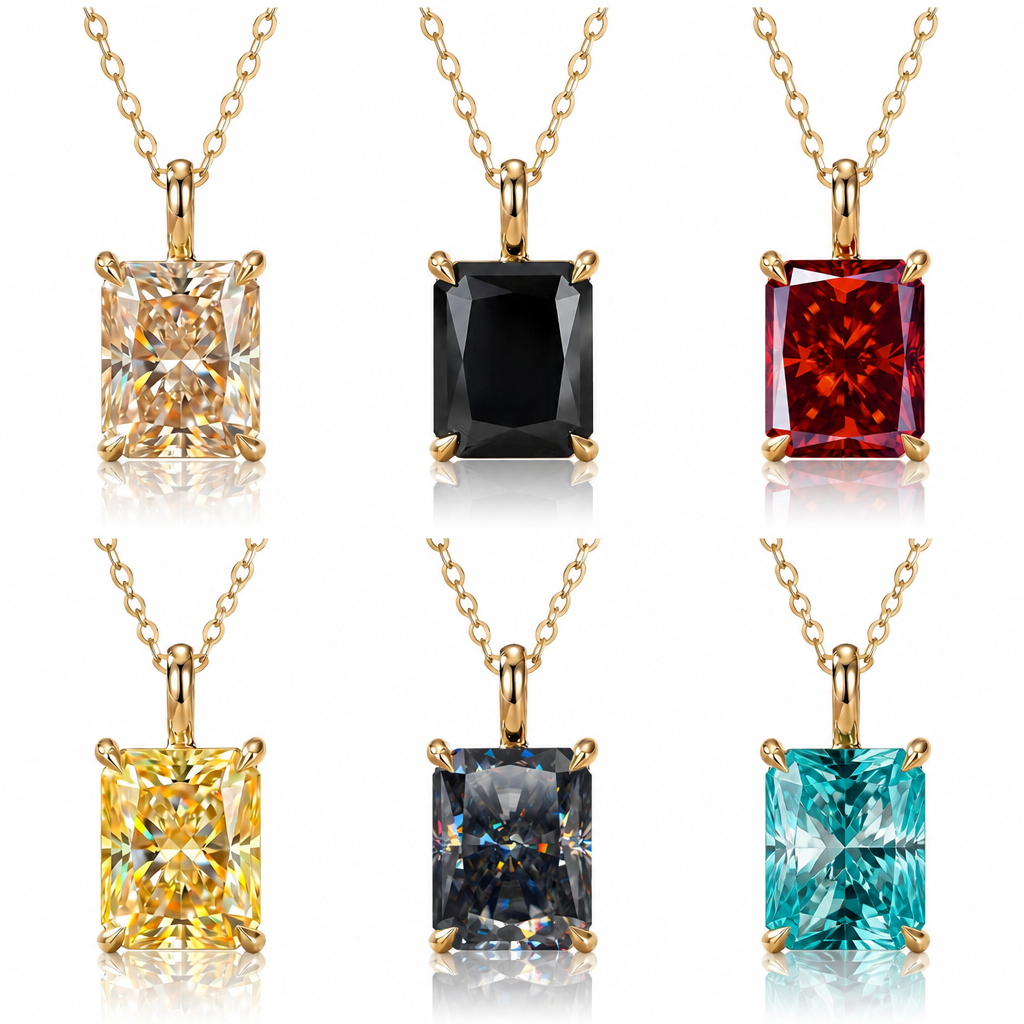 MEETMAY | Colorful Radiant-Cut Moissanite Pendant Necklace – S925 Sterling Silver 18K Gold Plated, GRA Certified