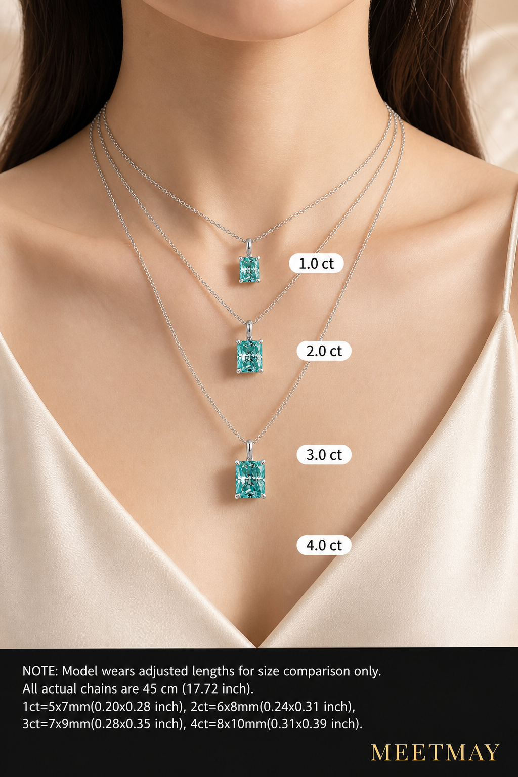 MEETMAY | Colorful Radiant-Cut Moissanite Pendant Necklace – S925 Sterling Silver 18K Gold Plated, GRA Certified