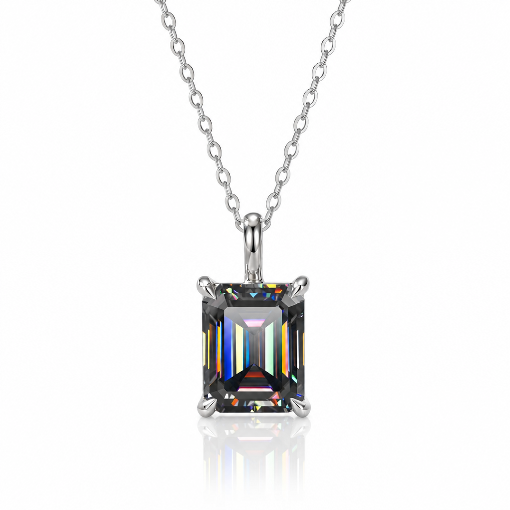 MEETMAY | Colorful Emerald-Cut Moissanite Pendant Necklace – S925 Sterling Silver 18K Gold Plated, GRA Certified
