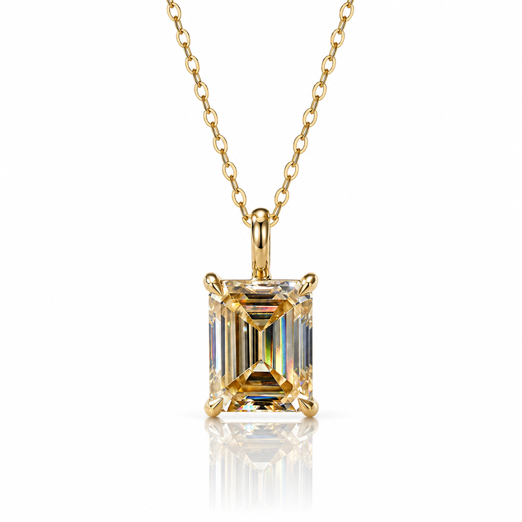 MEETMAY | Colorful Emerald-Cut Moissanite Pendant Necklace – S925 Sterling Silver 18K Gold Plated, GRA Certified