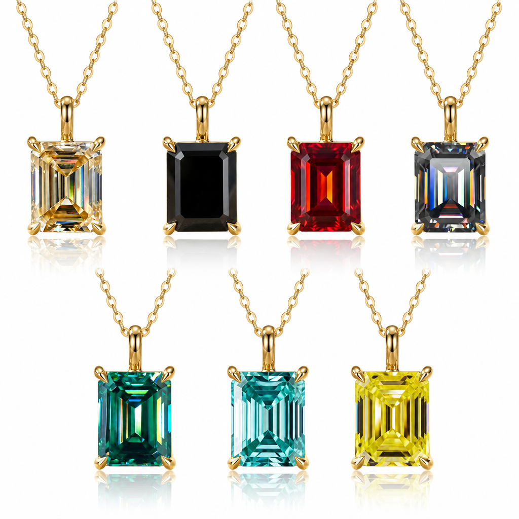 MEETMAY | Colorful Emerald-Cut Moissanite Pendant Necklace – S925 Sterling Silver 18K Gold Plated, GRA Certified