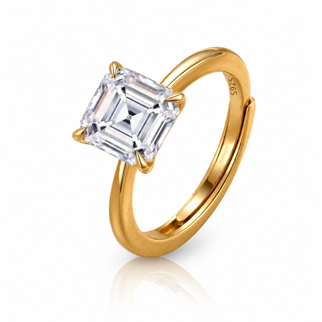 MEETMAY | Asscher-Cut Moissanite Adjustable Ring – S925 Sterling Silver 18K Gold Plated, D-Color