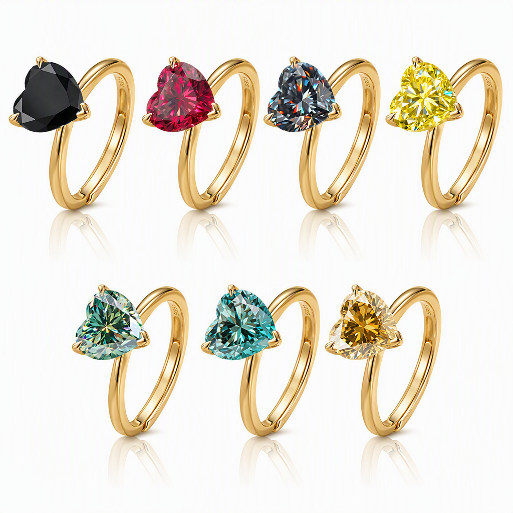 MEETMAY | Colorful Heart-Cut Moissanite Adjustable Ring – S925 Sterling Silver 18K Gold Plated, GRA Certified