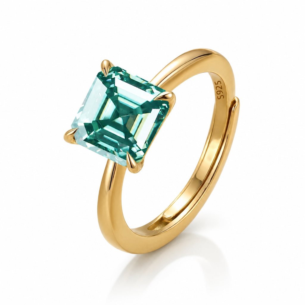 MEETMAY | Colorful Asscher-Cut Moissanite Adjustable Ring – S925 Sterling Silver 18K Gold Plated, GRA Certified