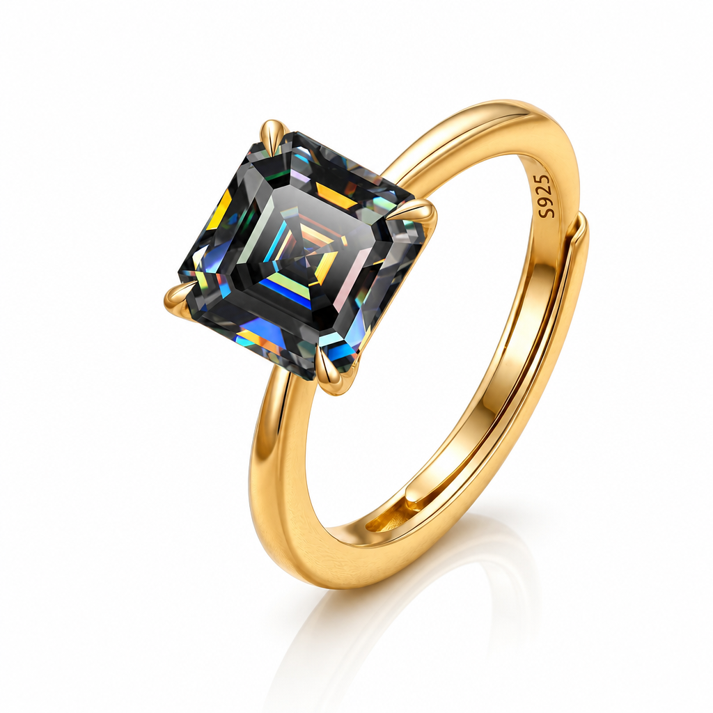 MEETMAY | Colorful Asscher-Cut Moissanite Adjustable Ring – S925 Sterling Silver 18K Gold Plated, GRA Certified