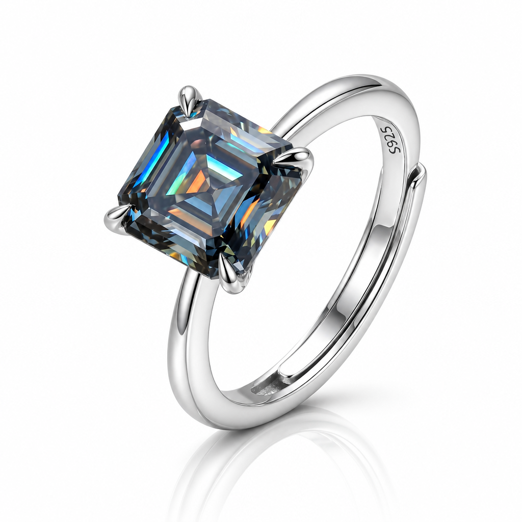 MEETMAY | Colorful Asscher-Cut Moissanite Adjustable Ring – S925 Sterling Silver 18K Gold Plated, GRA Certified