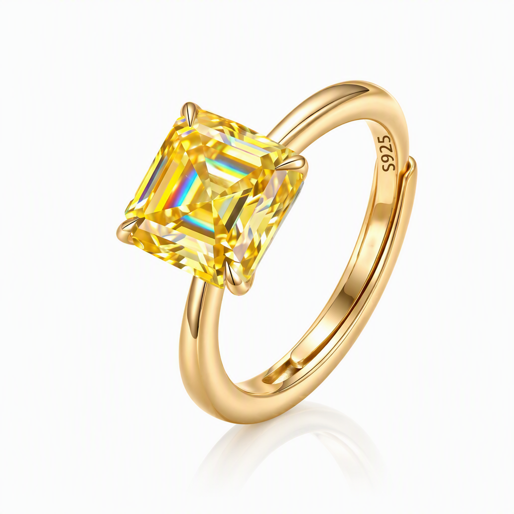 MEETMAY | Colorful Asscher-Cut Moissanite Adjustable Ring – S925 Sterling Silver 18K Gold Plated, GRA Certified