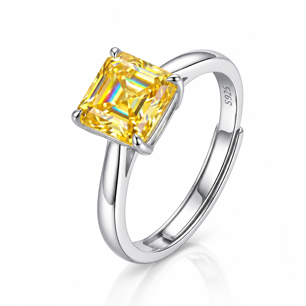 MEETMAY | Colorful Asscher-Cut Moissanite Adjustable Ring – S925 Sterling Silver 18K Gold Plated, GRA Certified