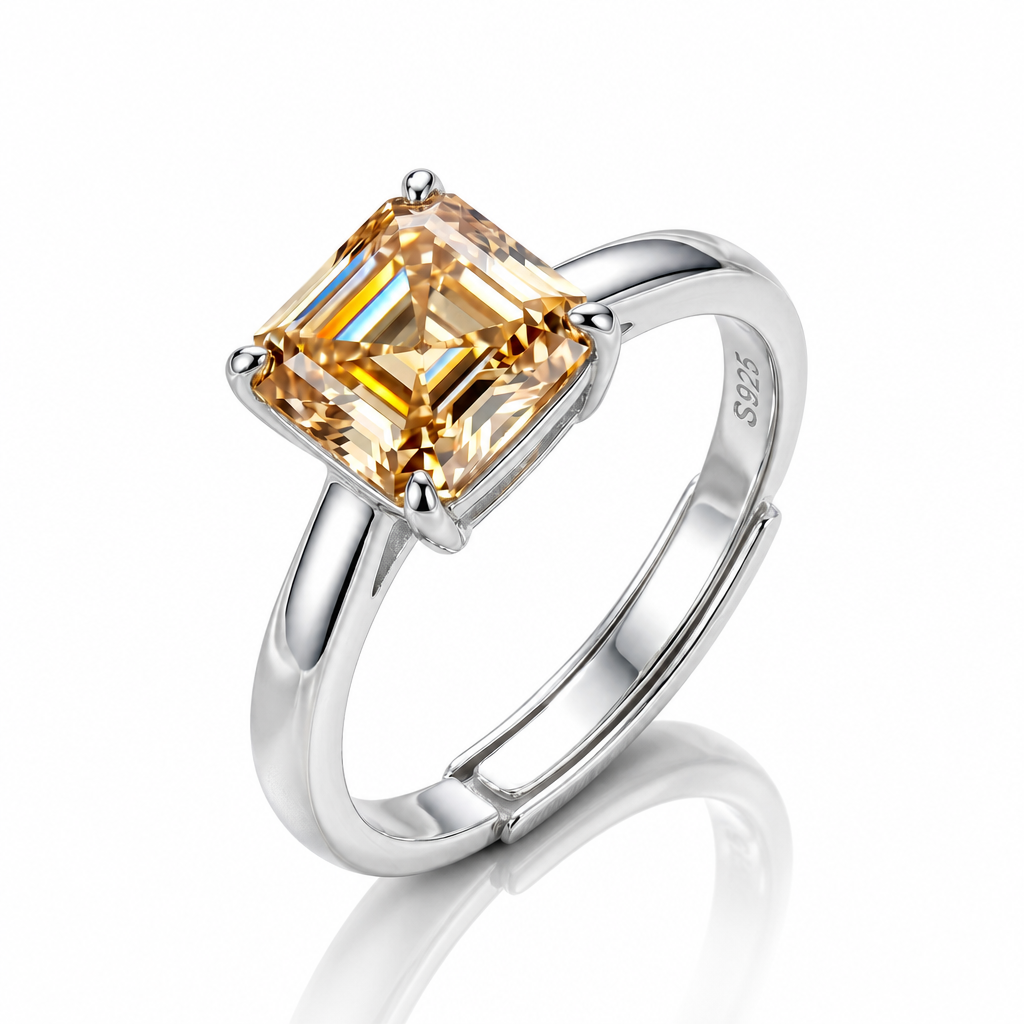 MEETMAY | Colorful Asscher-Cut Moissanite Adjustable Ring – S925 Sterling Silver 18K Gold Plated, GRA Certified