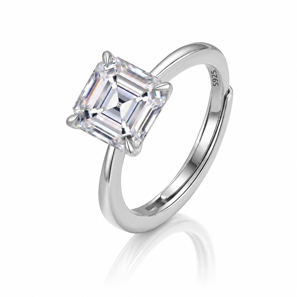 MEETMAY | Asscher-Cut Moissanite Adjustable Ring – S925 Sterling Silver 18K Gold Plated, D-Color