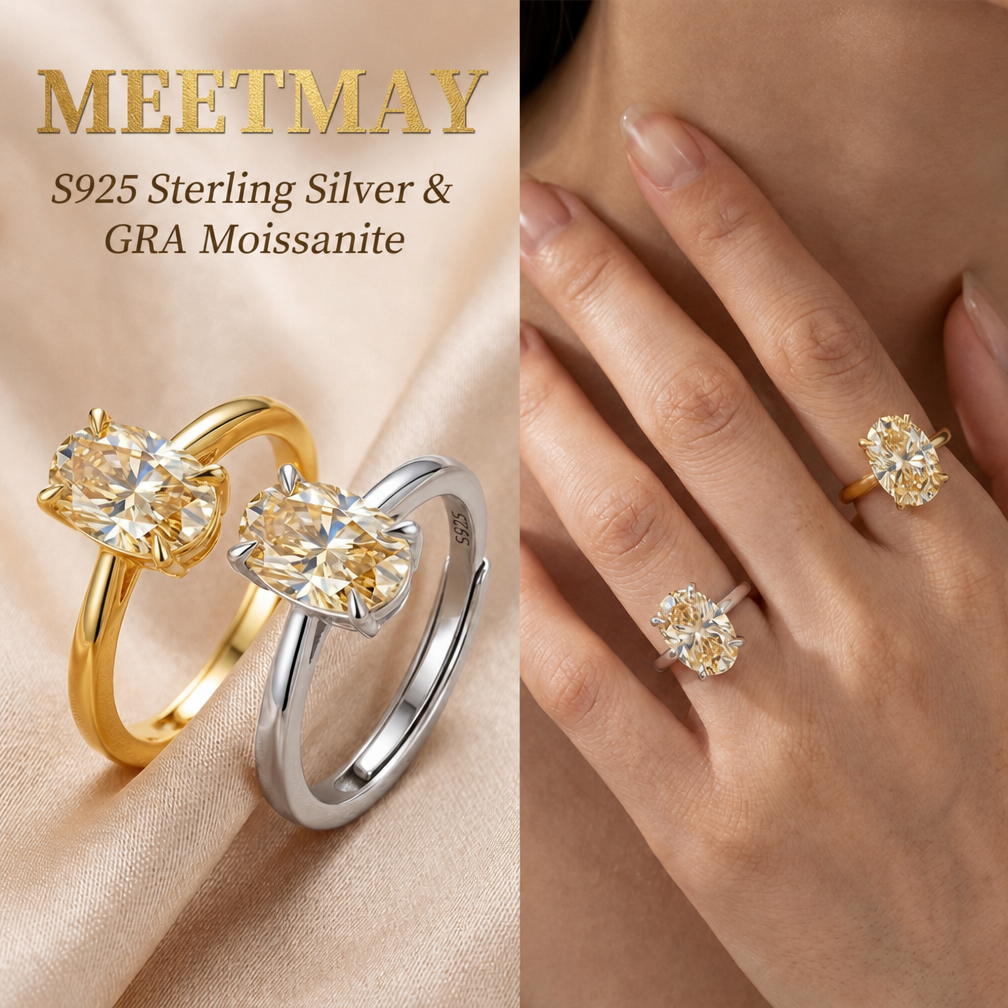MEETMAY | Colorful Oval-Cut Moissanite Adjustable Ring – S925 Sterling Silver 18K Gold Plated, GRA Certified