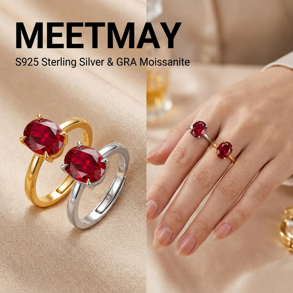 MEETMAY | Colorful Oval-Cut Moissanite Adjustable Ring – S925 Sterling Silver 18K Gold Plated, GRA Certified