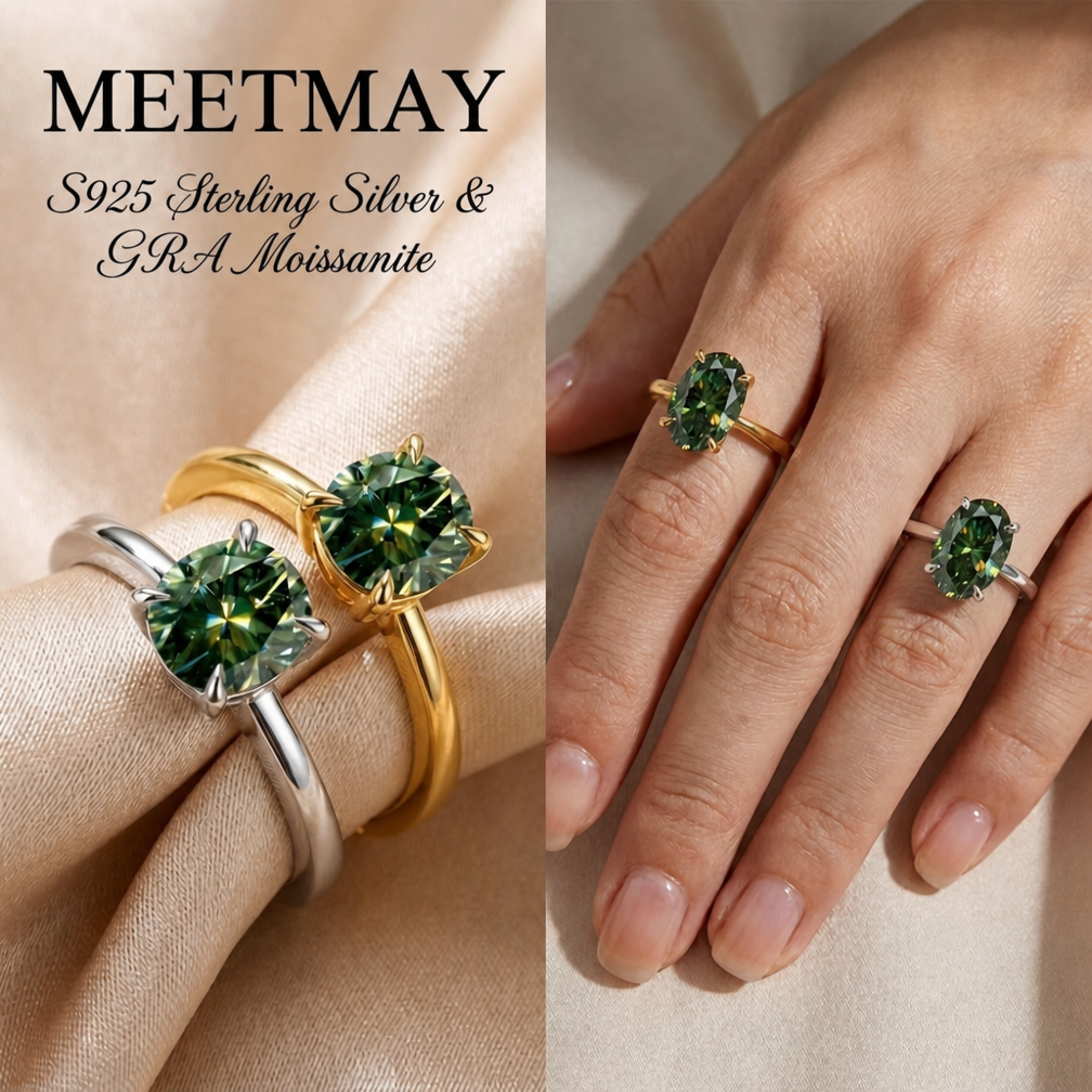 MEETMAY | Colorful Oval-Cut Moissanite Adjustable Ring – S925 Sterling Silver 18K Gold Plated, GRA Certified