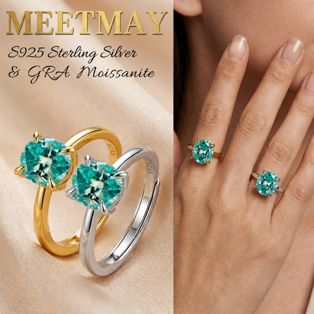 MEETMAY | Colorful Oval-Cut Moissanite Adjustable Ring – S925 Sterling Silver 18K Gold Plated, GRA Certified