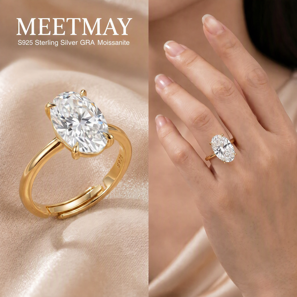 MEETMAY | Oval-Cut Moissanite Adjustable Ring – S925 Sterling Silver 18K Gold Plated, D-Color