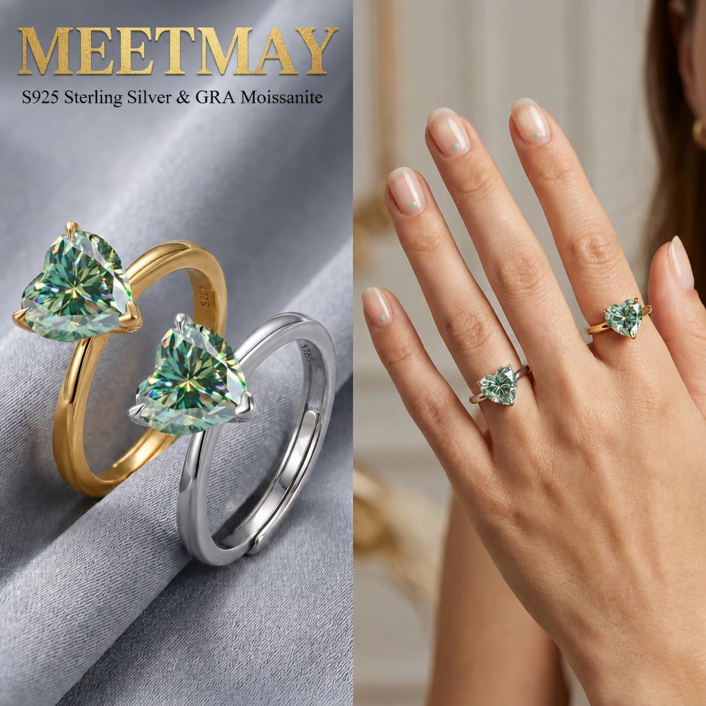 MEETMAY | Colorful Heart-Cut Moissanite Adjustable Ring – S925 Sterling Silver 18K Gold Plated, GRA Certified