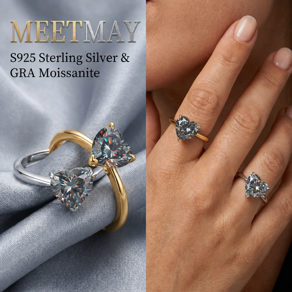 MEETMAY | Colorful Heart-Cut Moissanite Adjustable Ring – S925 Sterling Silver 18K Gold Plated, GRA Certified