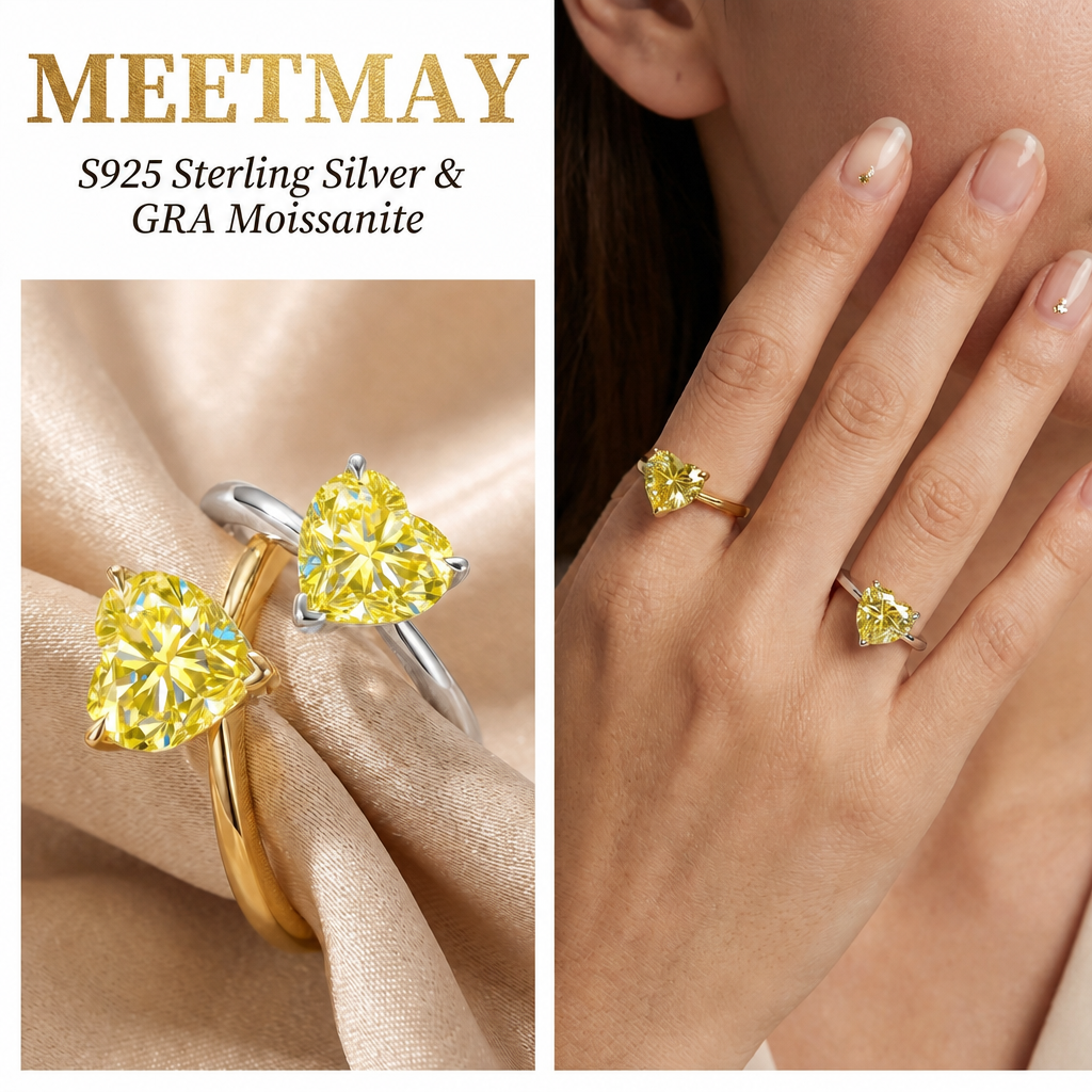 MEETMAY | Colorful Heart-Cut Moissanite Adjustable Ring – S925 Sterling Silver 18K Gold Plated, GRA Certified