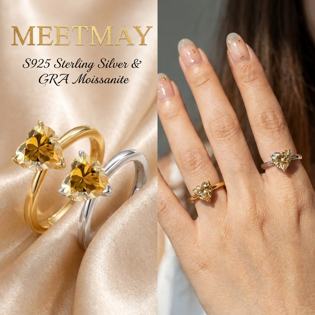 MEETMAY | Colorful Heart-Cut Moissanite Adjustable Ring – S925 Sterling Silver 18K Gold Plated, GRA Certified