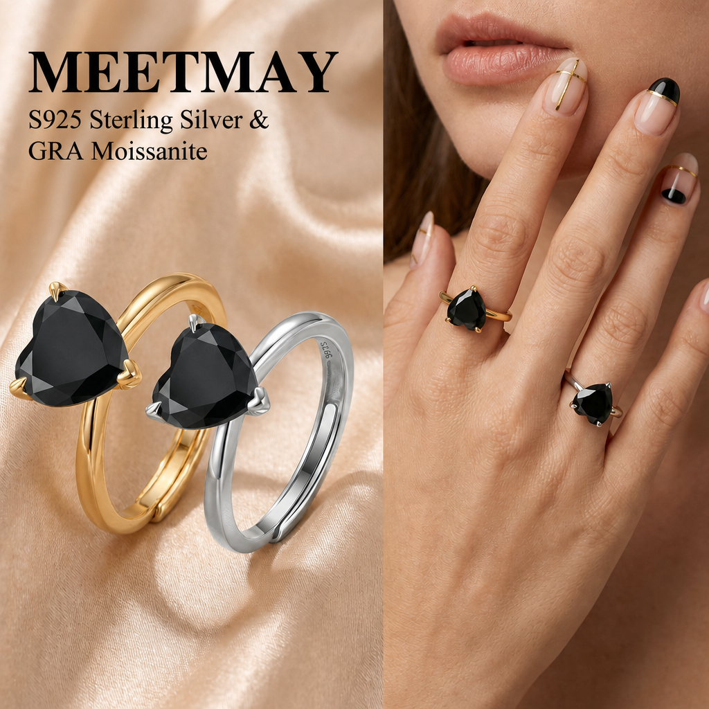 MEETMAY | Colorful Heart-Cut Moissanite Adjustable Ring – S925 Sterling Silver 18K Gold Plated, GRA Certified