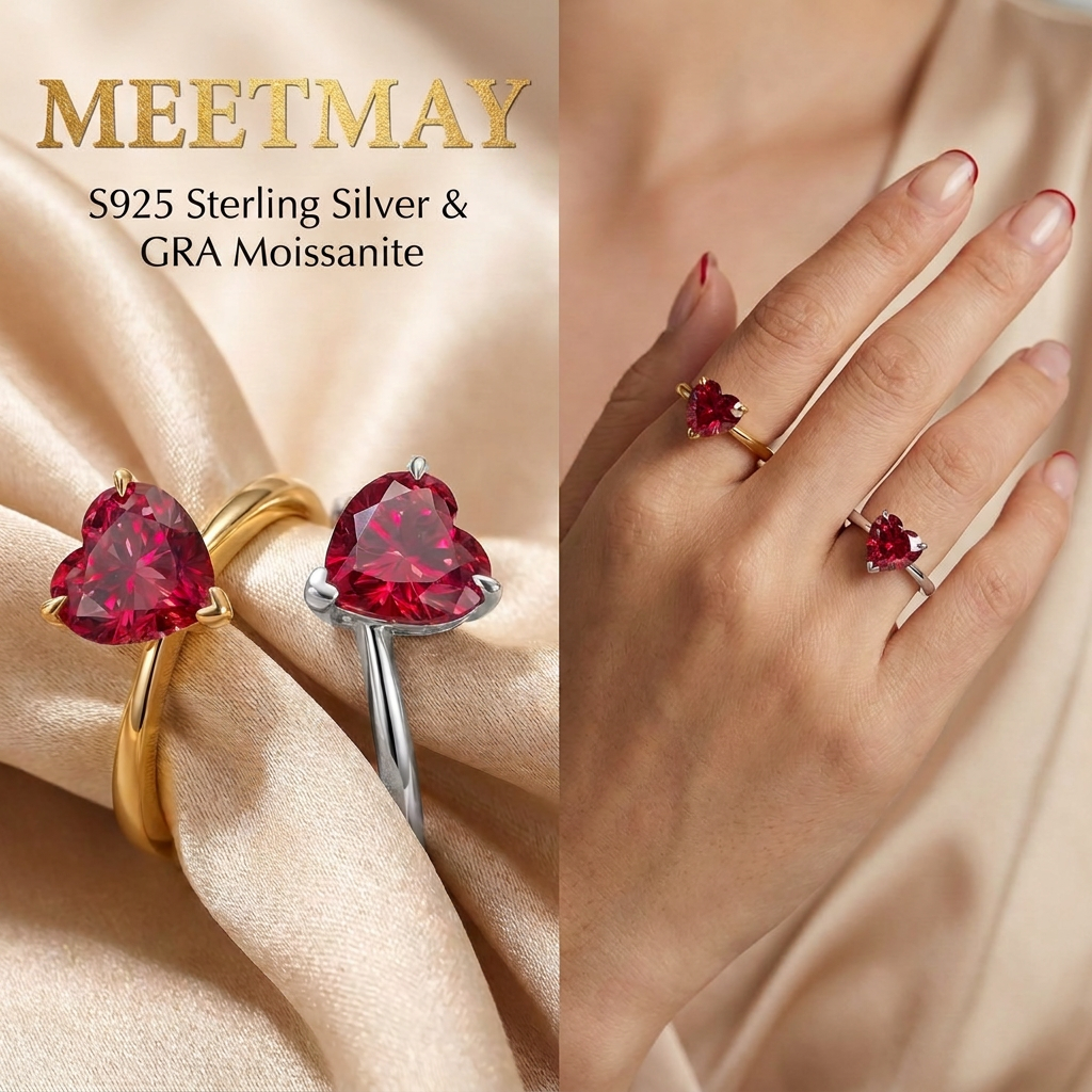 MEETMAY | Colorful Heart-Cut Moissanite Adjustable Ring – S925 Sterling Silver 18K Gold Plated, GRA Certified