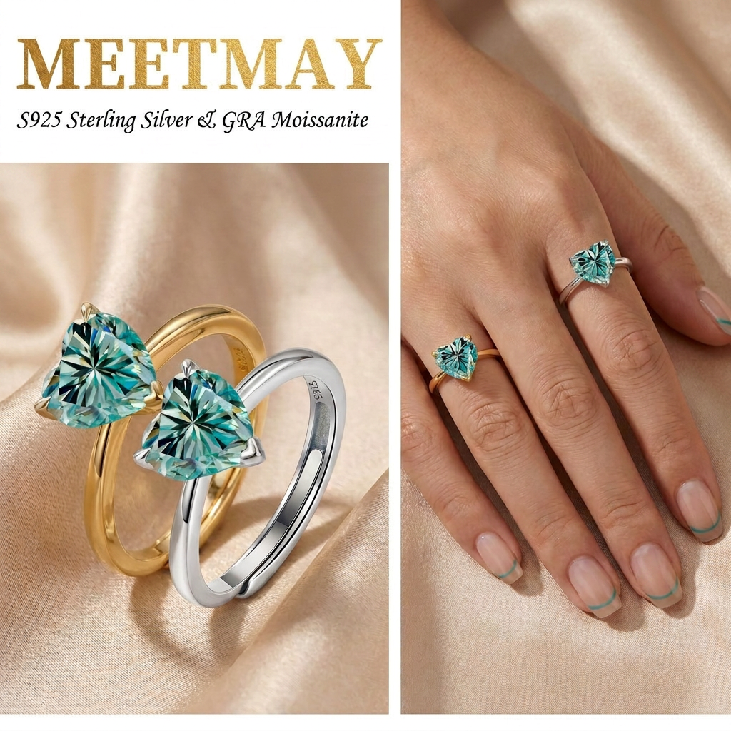 MEETMAY | Colorful Heart-Cut Moissanite Adjustable Ring – S925 Sterling Silver 18K Gold Plated, GRA Certified
