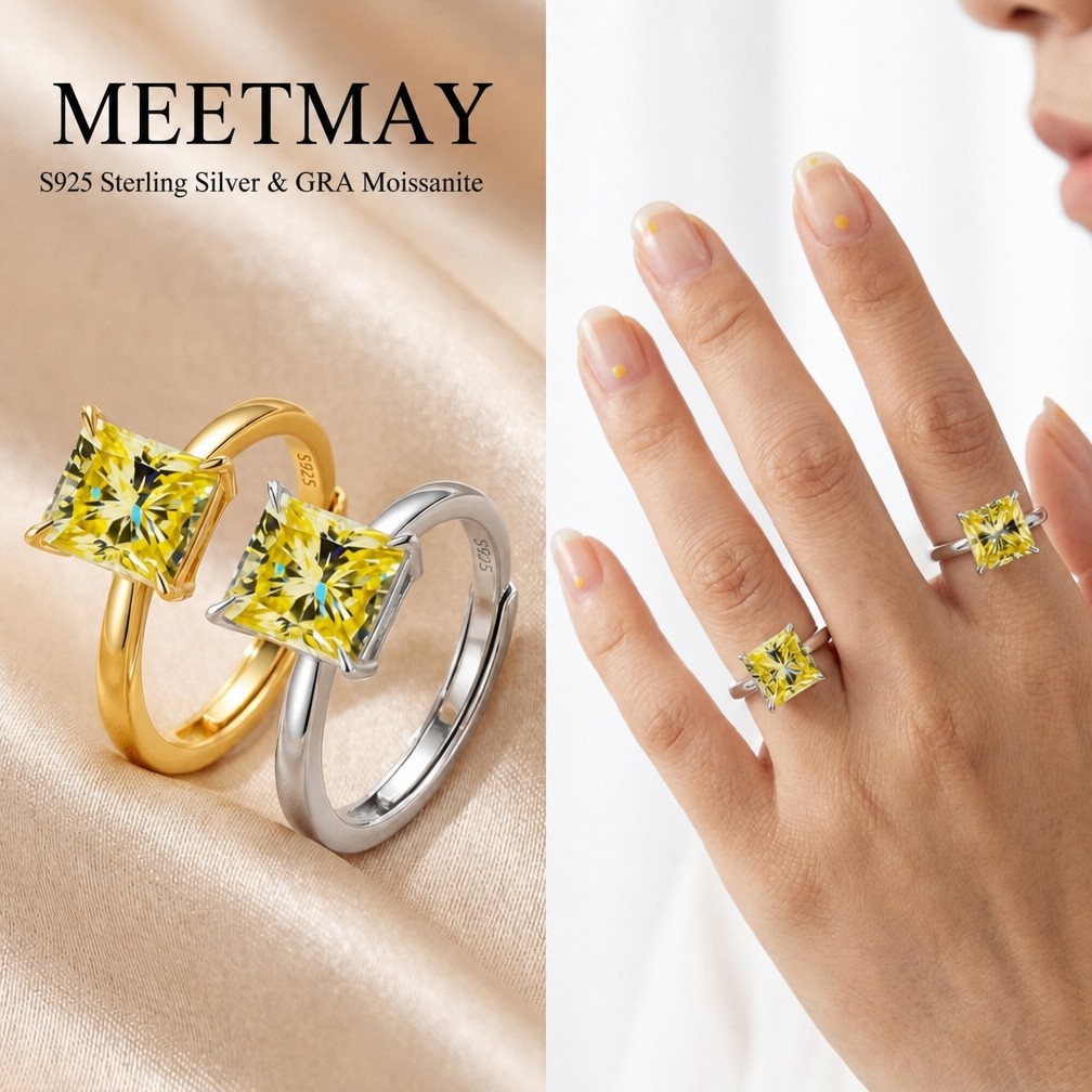 MEETMAY | Colorful Radiant-Cut Moissanite Adjustable Ring – S925 Sterling Silver 18K Gold Plated, GRA Certified