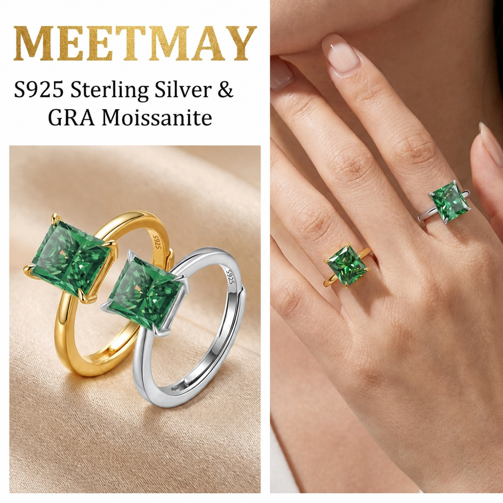 MEETMAY | Colorful Radiant-Cut Moissanite Adjustable Ring – S925 Sterling Silver 18K Gold Plated, GRA Certified