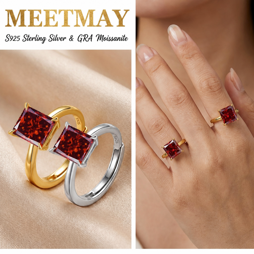 MEETMAY | Colorful Radiant-Cut Moissanite Adjustable Ring – S925 Sterling Silver 18K Gold Plated, GRA Certified