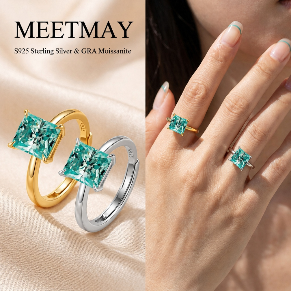 MEETMAY | Colorful Radiant-Cut Moissanite Adjustable Ring – S925 Sterling Silver 18K Gold Plated, GRA Certified